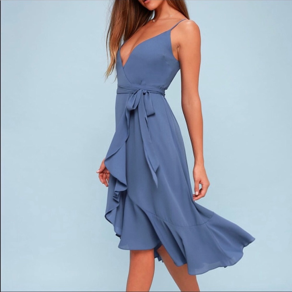 Lulus Manhattan Moment Blue Midi Wrap Dress